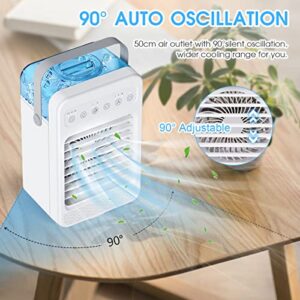 Portable Air Conditioner, 90° Oscillating Evaporative Personal Air Cooler Humidifier with 4 Wind Speeds, Timer & LED Light, USB Quiet Fast Cooling Fan for Home, Office, Bedroom, Car, Camping - White