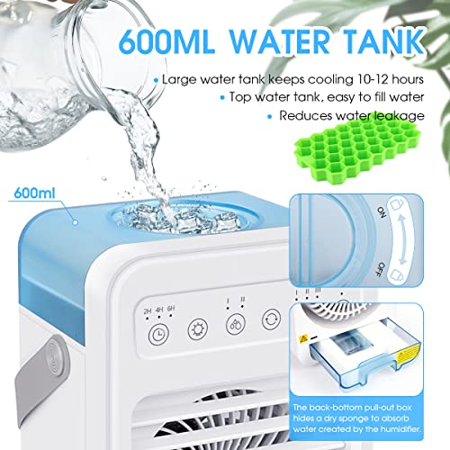 Portable Air Conditioner, 90° Oscillating Evaporative Personal Air Cooler Humidifier with 4 Wind Speeds, Timer & LED Light, USB Quiet Fast Cooling Fan for Home, Office, Bedroom, Car, Camping - White