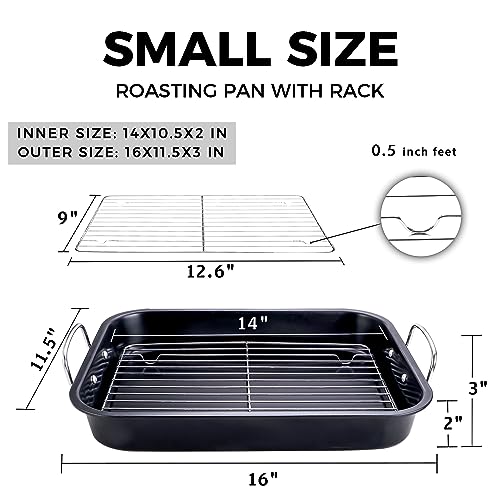 HONGBAKE Small Roasting Pan with Flat Rack, Nonstick Chicken Roaster Tray, Mini Oven Pans for Cooking Lasagna with Stainless Steel Handles, 14 X 11Inch