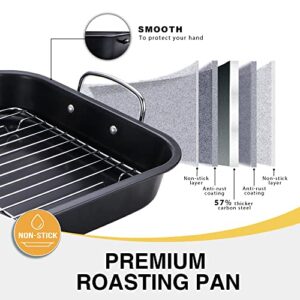 HONGBAKE Small Roasting Pan with Flat Rack, Nonstick Chicken Roaster Tray, Mini Oven Pans for Cooking Lasagna with Stainless Steel Handles, 14 X 11Inch