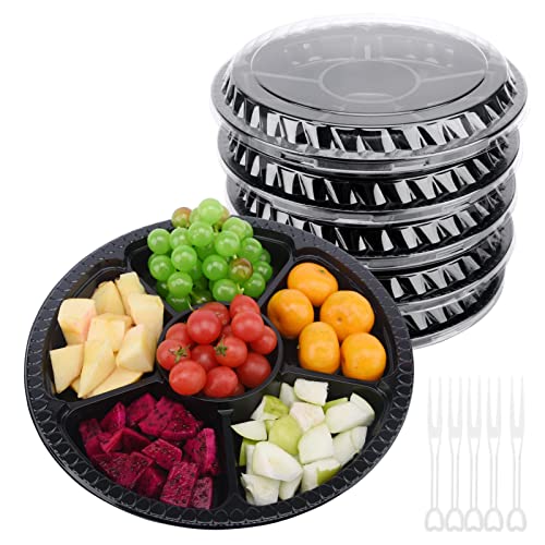 16 Pack Round Appetizer Serving Trays with Lids & 100Pcs Forks,6 Divided Compartments Disposable Food Storage Containers Serving Plate Veggie Trays(Black)