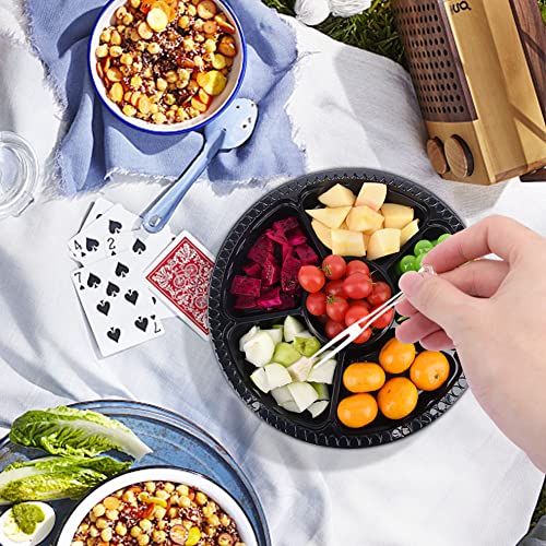 16 Pack Round Appetizer Serving Trays with Lids & 100Pcs Forks,6 Divided Compartments Disposable Food Storage Containers Serving Plate Veggie Trays(Black)