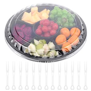 16 Pack Round Appetizer Serving Trays with Lids & 100Pcs Forks,6 Divided Compartments Disposable Food Storage Containers Serving Plate Veggie Trays(Black)