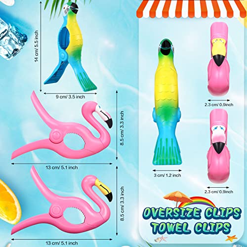 16 Pcs Beach Towel Clips Portable Chair Holders Bright Color Towel Clips Plastic Cute Clothes Pins Parrot Watermelon Flamingo Ice Cream Pineapple Cactus Coconut Trees for Holiday Pool Patio, 8 Styles