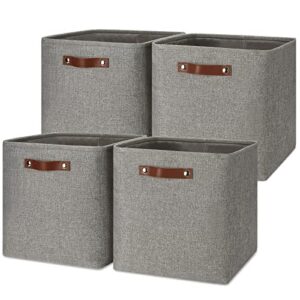 temary storage baskets 13 inch fabric storage cubes for shelves set of 4 storage cube bins for home, office, storage organizers for toys with leather handles(grey)