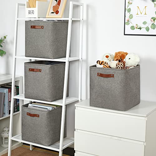 Temary Storage Baskets 13 Inch Fabric Storage Cubes for Shelves Set of 4 Storage Cube Bins for Home, Office, Storage Organizers for Toys with Leather Handles(Grey)
