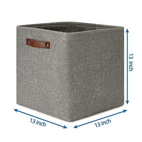 Temary Storage Baskets 13 Inch Fabric Storage Cubes for Shelves Set of 4 Storage Cube Bins for Home, Office, Storage Organizers for Toys with Leather Handles(Grey)