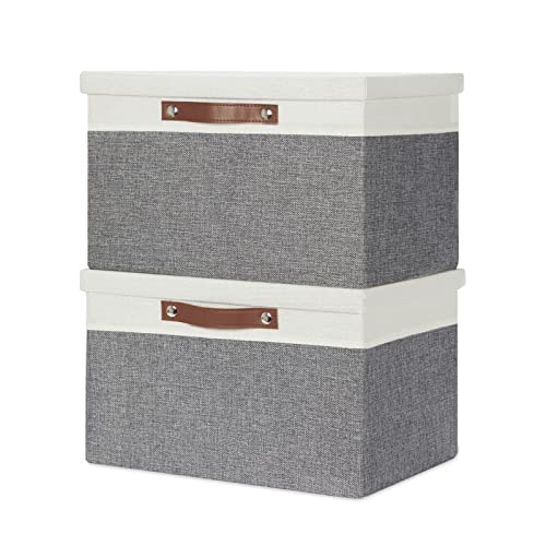 Temary Collapsible Storage Bins Storage Boxes with lid, 2 Pack Storage Baskets with Lid Decorative Storage Clothes, Toys, Organizer Bins with Handles (White&Gray, 15x11x9.5inch)