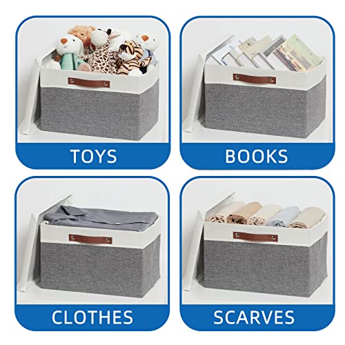 Temary Collapsible Storage Bins Storage Boxes with lid, 2 Pack Storage Baskets with Lid Decorative Storage Clothes, Toys, Organizer Bins with Handles (White&Gray, 15x11x9.5inch)