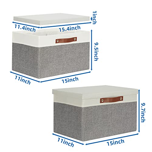 Temary Collapsible Storage Bins Storage Boxes with lid, 2 Pack Storage Baskets with Lid Decorative Storage Clothes, Toys, Organizer Bins with Handles (White&Gray, 15x11x9.5inch)