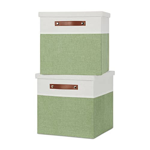 Temary Fabric Storage Cubes Bins with Lids Storage Baskets 13x13 Foldable Storage Bins Cubes Boxes, Canvas Storage Bin for Shelves, Bedroom, Nursery, Closet (White&Green, 13x13x13inch)