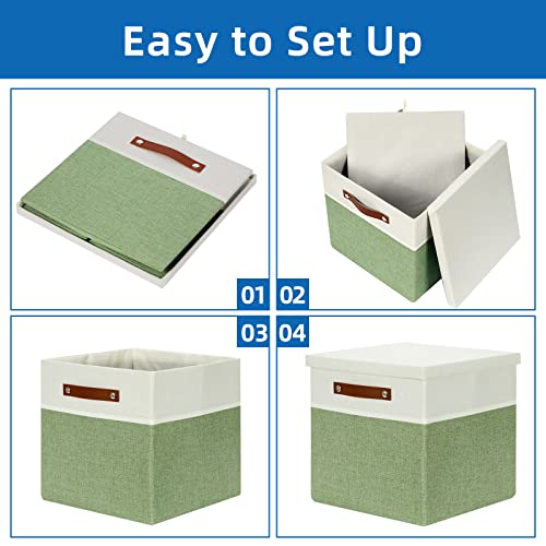 Temary Fabric Storage Cubes Bins with Lids Storage Baskets 13x13 Foldable Storage Bins Cubes Boxes, Canvas Storage Bin for Shelves, Bedroom, Nursery, Closet (White&Green, 13x13x13inch)