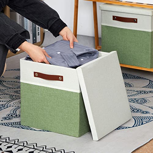 Temary Fabric Storage Cubes Bins with Lids Storage Baskets 13x13 Foldable Storage Bins Cubes Boxes, Canvas Storage Bin for Shelves, Bedroom, Nursery, Closet (White&Green, 13x13x13inch)