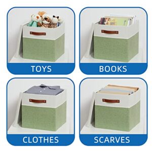 Temary Fabric Storage Cubes Bins with Lids Storage Baskets 13x13 Foldable Storage Bins Cubes Boxes, Canvas Storage Bin for Shelves, Bedroom, Nursery, Closet (White&Green, 13x13x13inch)