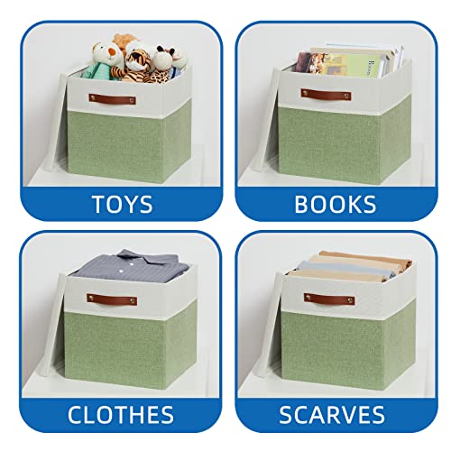 Temary Fabric Storage Cubes Bins with Lids Storage Baskets 13x13 Foldable Storage Bins Cubes Boxes, Canvas Storage Bin for Shelves, Bedroom, Nursery, Closet (White&Green, 13x13x13inch)