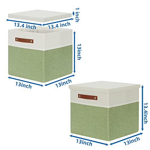 Temary Fabric Storage Cubes Bins with Lids Storage Baskets 13x13 Foldable Storage Bins Cubes Boxes, Canvas Storage Bin for Shelves, Bedroom, Nursery, Closet (White&Green, 13x13x13inch)