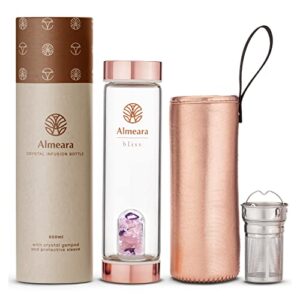 almeara crystal water bottle with authentic amethyst, rose quartz & clear quartz removable gemstones, loose leaf tea infuser - relaxation, healing & spiritual gifts for women - witchcraft supplies