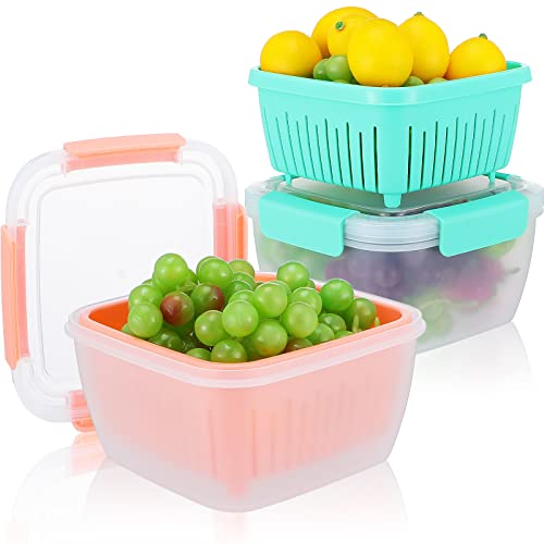 2Pcs 1.5L/50oz Berry Basket Berry Bowl Fruit Strainer Container with Lid Berry Container Box Keep Fruit and Vegetables Fresh for Fridge Storage Picnic Carry Produce Saver Food Blueberries(Green, Pink)