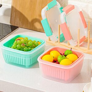 2Pcs 1.5L/50oz Berry Basket Berry Bowl Fruit Strainer Container with Lid Berry Container Box Keep Fruit and Vegetables Fresh for Fridge Storage Picnic Carry Produce Saver Food Blueberries(Green, Pink)