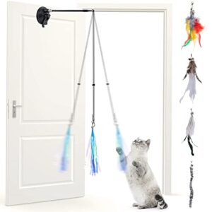 mewtogo hanging door cat toy, retractable interactive cat feather toys with super suction cup and 5 replaceable feathers, suction window cat teaser toy for indoor cats kitten play chase exercise