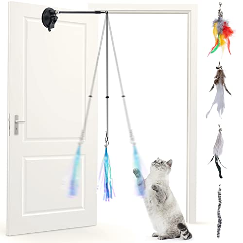 MEWTOGO Hanging Door Cat Toy, Retractable Interactive Cat Feather Toys with Super Suction Cup and 5 Replaceable Feathers, Suction Window Cat Teaser Toy for Indoor Cats Kitten Play Chase Exercise