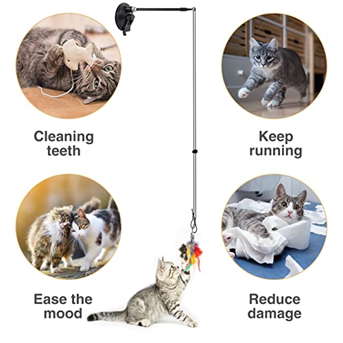 MEWTOGO Hanging Door Cat Toy, Retractable Interactive Cat Feather Toys with Super Suction Cup and 5 Replaceable Feathers, Suction Window Cat Teaser Toy for Indoor Cats Kitten Play Chase Exercise