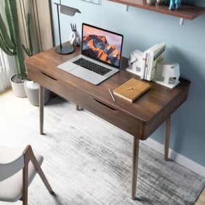 tangkula mid-century desk with 2 drawers, writing study desk, pc laptop desk, home office computer workstation for small space, makeup vanity console table (walnut)