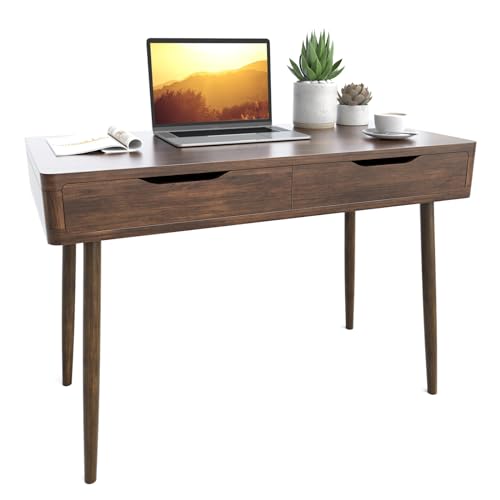 Tangkula Mid-Century Desk with 2 Drawers, Writing Study Desk, PC Laptop Desk, Home Office Computer Workstation for Small Space, Makeup Vanity Console Table (Walnut)