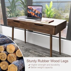 Tangkula Mid-Century Desk with 2 Drawers, Writing Study Desk, PC Laptop Desk, Home Office Computer Workstation for Small Space, Makeup Vanity Console Table (Walnut)