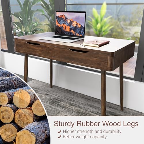 Tangkula Mid-Century Desk with 2 Drawers, Writing Study Desk, PC Laptop Desk, Home Office Computer Workstation for Small Space, Makeup Vanity Console Table (Walnut)
