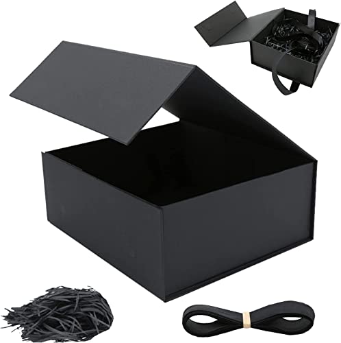 ZQXIZM Gift Box with Lid, Rectangle Proposal Bridesmaid Groomsmen Box, Collapsible Gift Boxes with Magnetic Lid Ribbon Paper Filler (11x7.8x3.5 Inches, Black)