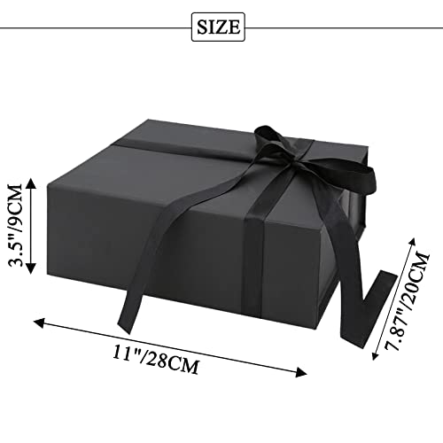 ZQXIZM Gift Box with Lid, Rectangle Proposal Bridesmaid Groomsmen Box, Collapsible Gift Boxes with Magnetic Lid Ribbon Paper Filler (11x7.8x3.5 Inches, Black)