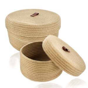 7penn jute baskets - 2pc round decorative natural jute rope woven storage basket set with lids and leather tab handle