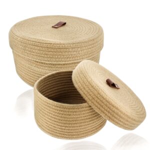 7Penn Jute Baskets - 2pc Round Decorative Natural Jute Rope Woven Storage Basket Set with Lids and Leather Tab Handle