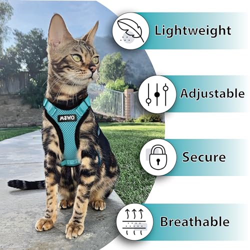 Mewo Cat Harness and Leash - Escape Proof, Soft, Comfortable, Reflective, & Adjustable, for a Safe & Snug Fit (Aqua Marine, Small)