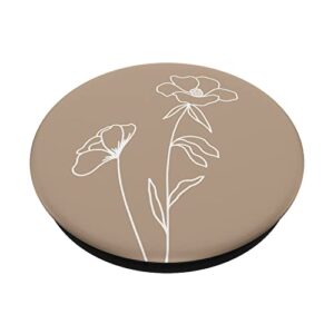 Boho Neutral Beige Aesthetic Minimalist Floral Line Art Tan PopSockets Swappable PopGrip