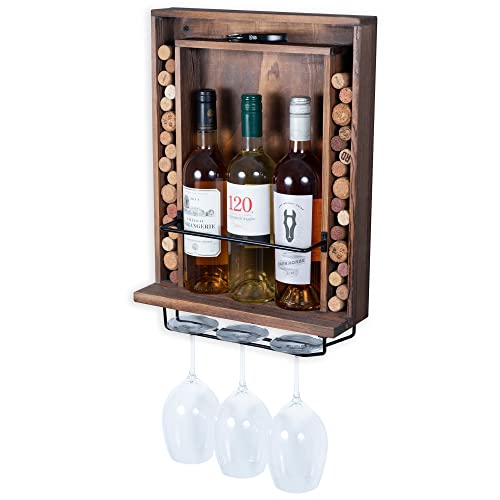 Rustic State Kayra Wall Mounted Wood Wine Bottle Box Rack with Cork Storage Glassware Holder Stemware Shelf Organizer - Home, Kitchen, Dining Room Bar Décor - Walnut