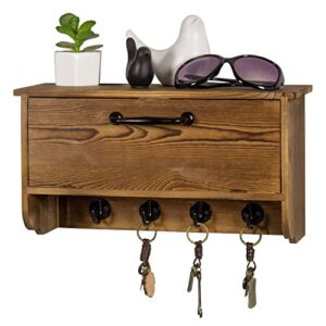 mygift wall mounted solid burnt wood entryway key holder and storage cabinet shelf rack with hinged pull down door and 4 hooks