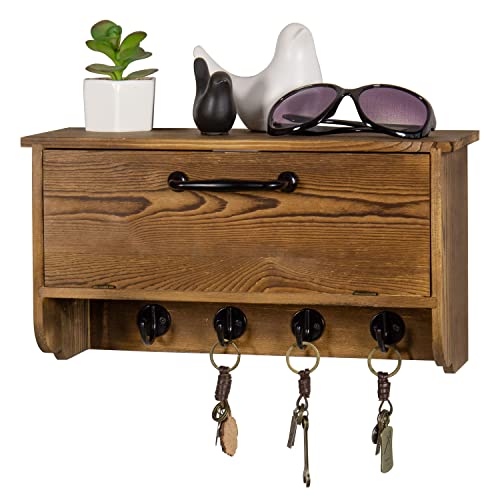 MyGift Wall Mounted Solid Burnt Wood Entryway Key Holder and Storage Cabinet Shelf Rack with Hinged Pull Down Door and 4 Hooks