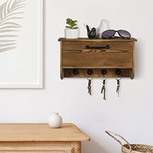 MyGift Wall Mounted Solid Burnt Wood Entryway Key Holder and Storage Cabinet Shelf Rack with Hinged Pull Down Door and 4 Hooks