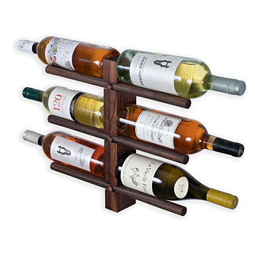 Rustic State Kuntra Wall Mounted Wood Vertical Wine Rack Holder Storage Shelf Organizer for 6 Bottles - Home, Kitchen, Dining Room Bar Décor - Walnut