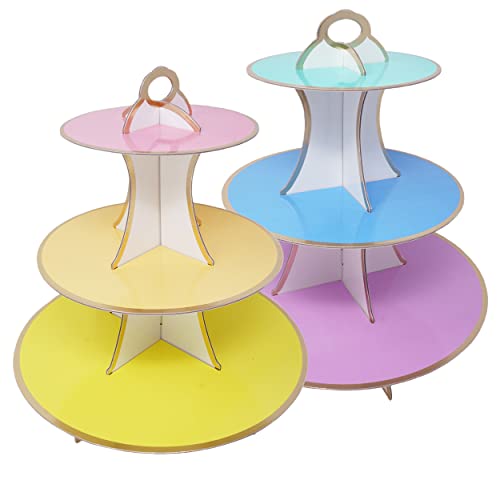 3-Tier Dessert & Cupcake Decorative Serving Tray Stand for Birthdays and All Themed Parties & Events, 2 Serving Towers Per Pack (Pastel Rainbow)