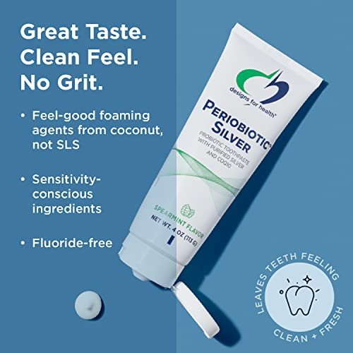 Designs for Health PerioBiotic Xylitol Toothpaste - Fluoride Free Toothpaste with Probiotics, Purified Silver + CoQ10 for Healthy Teeth, Gums & Fresh Breath - No SLS or BPAs - Spearmint Flavor (4oz)