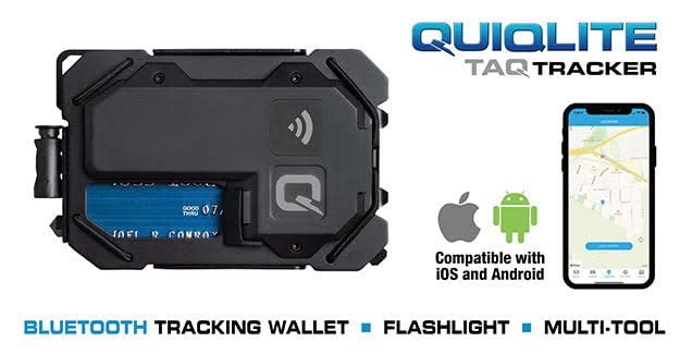 QUIQLITE TAQTracker, Slim Bluetooth Tracking Locator Wallet with Rechargeable LED Flashlight, Safety Strobe and Multi-Tool- Blue/Black