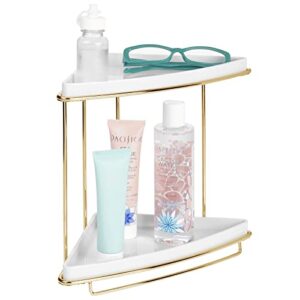 mDesign Steel/Plastic Freestanding Countertop Corner Shelf Organizer with 2-Tier Storage for Bathroom, Vanity, Cabinet, Counter - Holds Makeup, Bath Gel - Prism Collection - White/Soft Brass