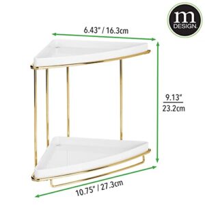 mDesign Steel/Plastic Freestanding Countertop Corner Shelf Organizer with 2-Tier Storage for Bathroom, Vanity, Cabinet, Counter - Holds Makeup, Bath Gel - Prism Collection - White/Soft Brass