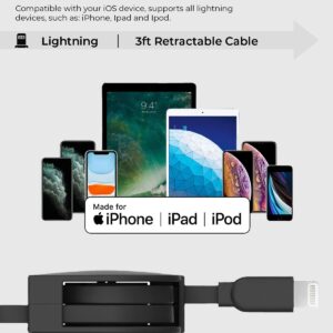 LIQUIPEL Powertek Retractable MFi Certified Charger Compatible for Apple iPhone, iPad, 3ft Cable, Lightning to USB Cable Cord, Fast Charging Lightning Cable (Black)