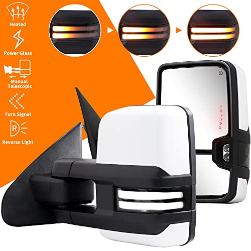 Siziom Switchback Towing Mirrors, for 2014-2018 Chevy Silverado Mirror, GMC Sierra Power Heated Turn Signal Backup Light Manual Telescoping Mirrors Pair Set Paint White