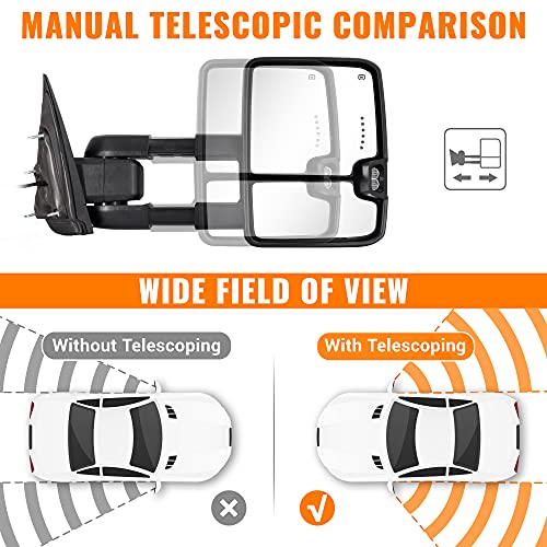 Siziom Switchback Towing Mirrors, for 2014-2018 Chevy Silverado Mirror, GMC Sierra Power Heated Turn Signal Backup Light Manual Telescoping Mirrors Pair Set Paint White