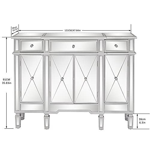 VINGLI Mirrored Credenza with Drawers and Doors Console Table Sideboards and Buffets Cabinet with Storage Media Table, 47.64" L x 14.2" W x 35.83" H